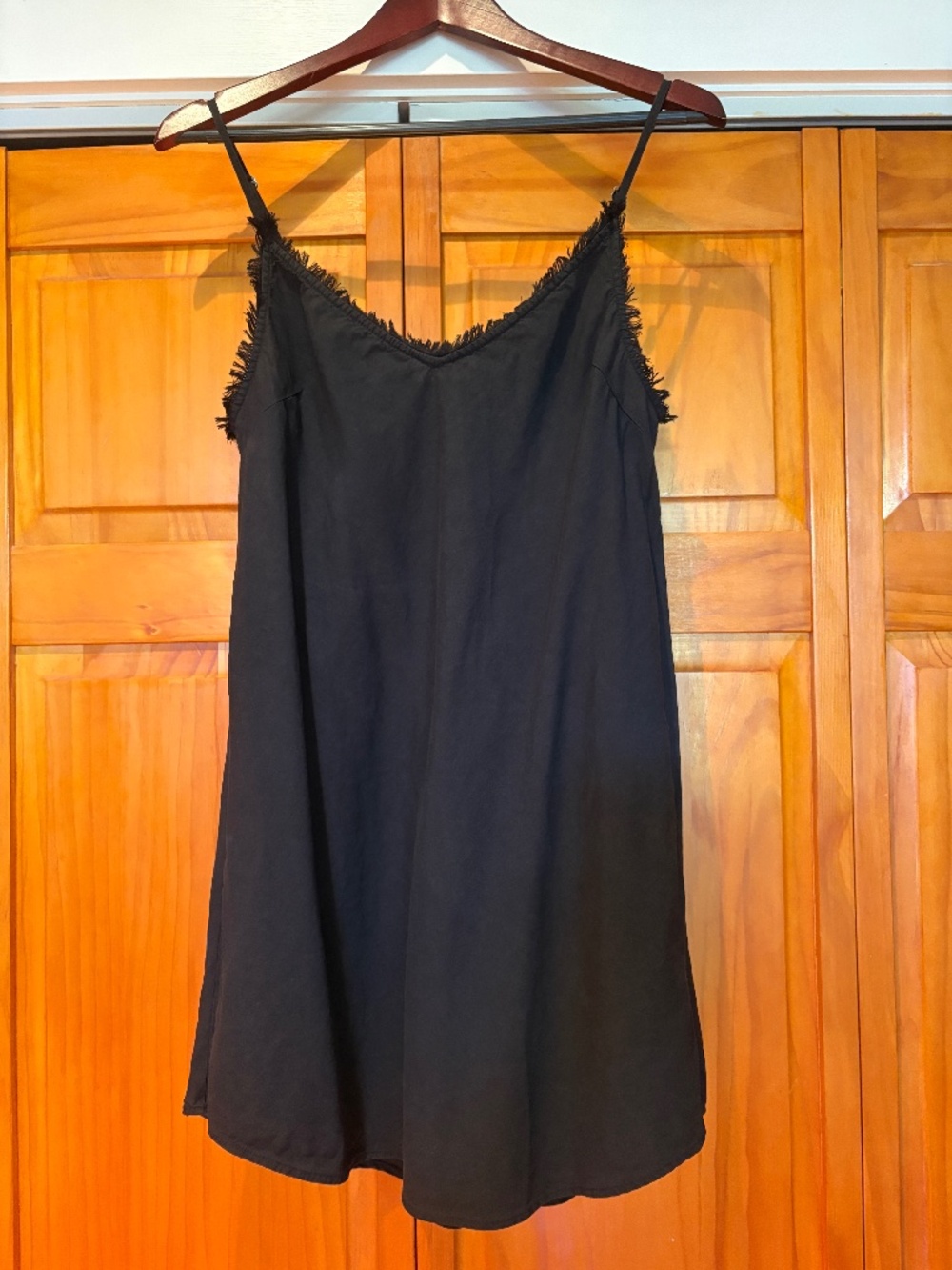 Bella Dahl 100% Tencel Black Spaghetti Strap Short Dress, Distressed Edge Medium